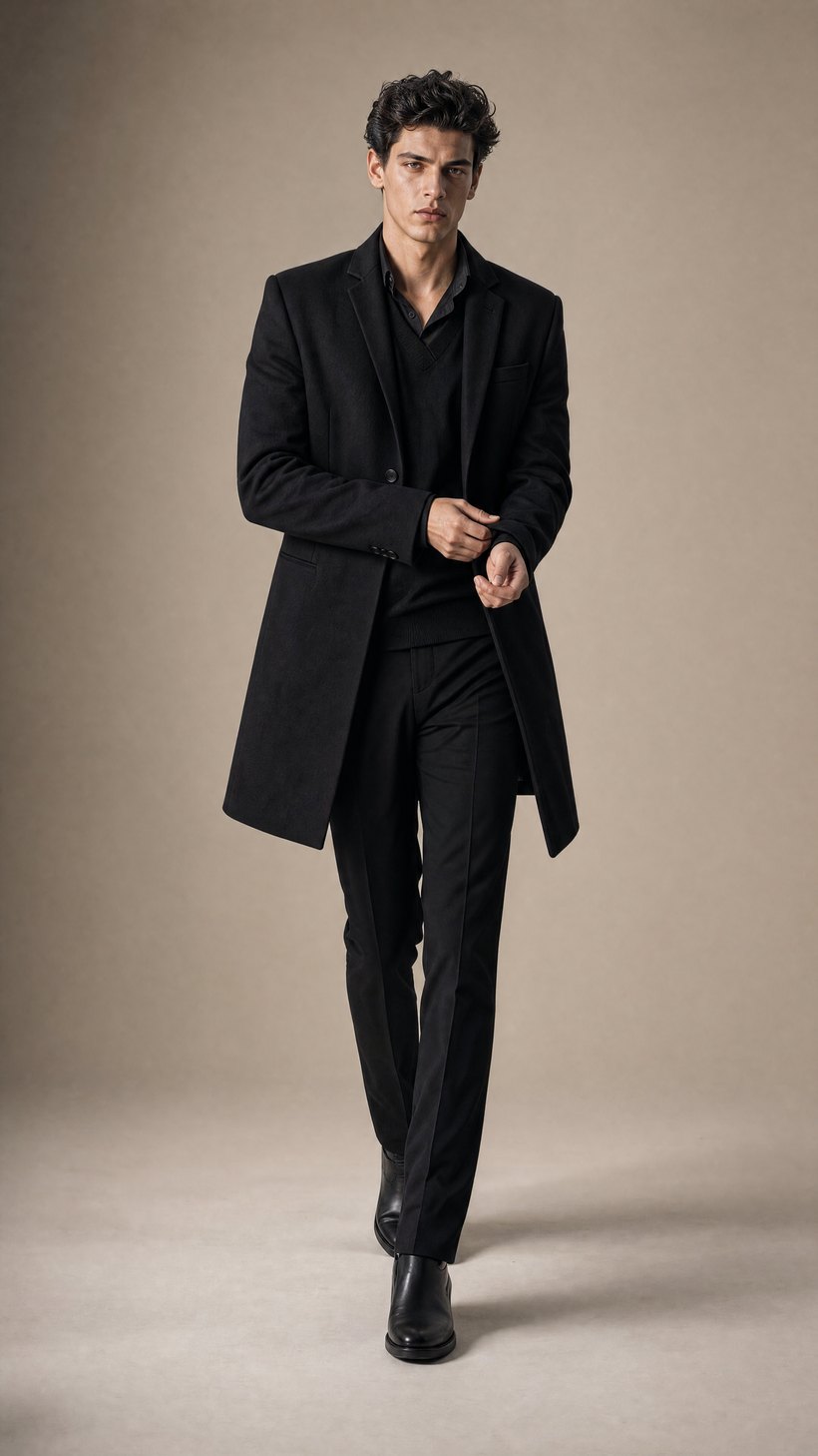 Slim Black Wool Overcoat — construction detail