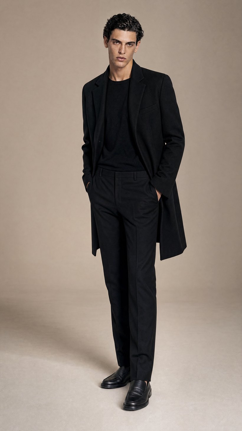 Slim Black Wool Overcoat — Biella Wool