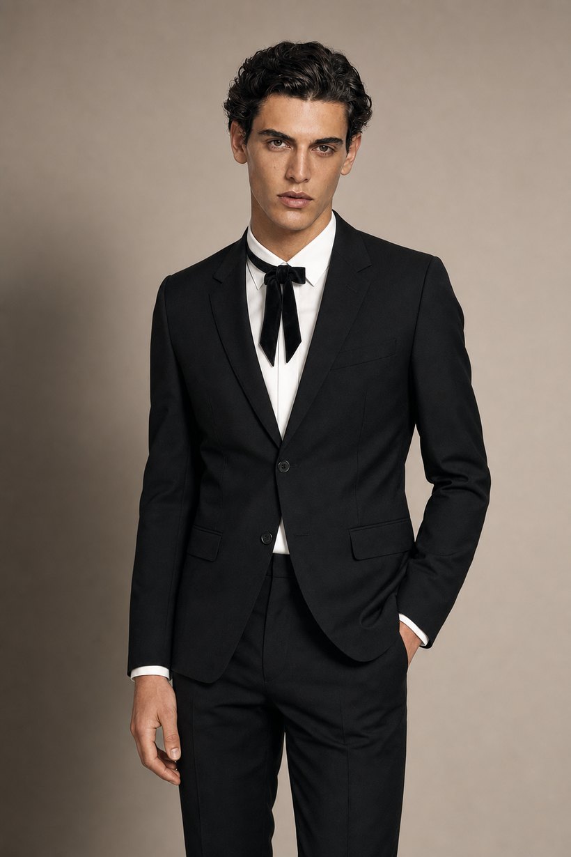 Slim Black Wool Two-Button Suit — front styling