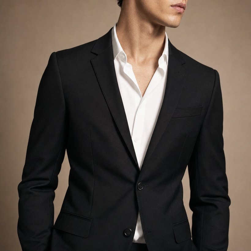 Slim Black Wool Two-Button Suit — lapel and collar detail