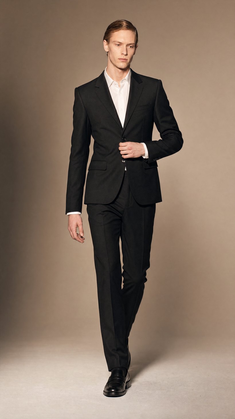 Slim Black Wool Two-Button Suit — construction detail