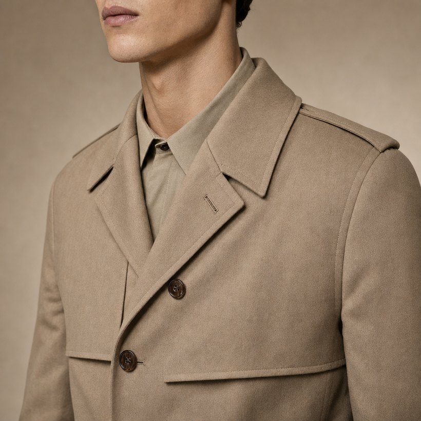 Slim Camel Wool Overcoat — lapel and collar detail