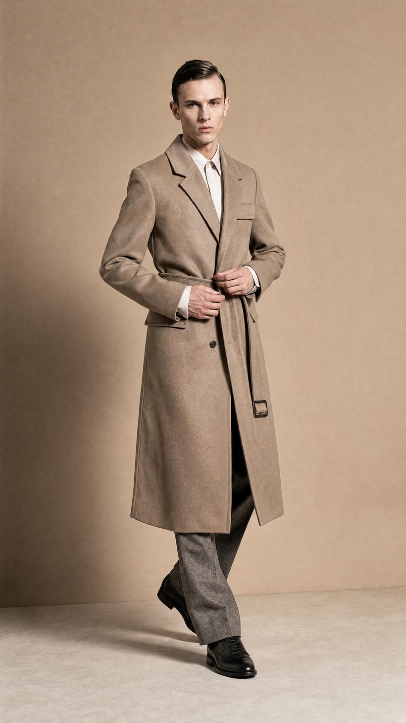 Slim Camel Wool Overcoat — construction detail