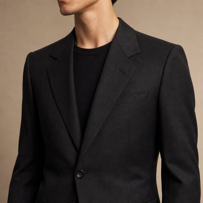 Slim Charcoal Wool Suit — lapel and collar detail