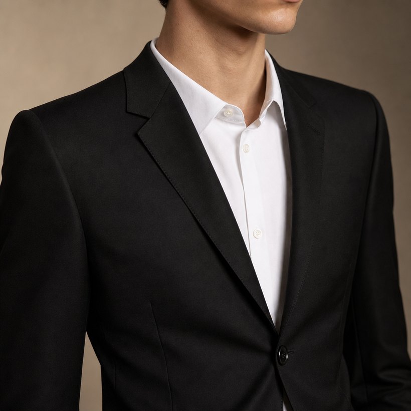 Slim Narrow-Lapel Black Blazer — lapel and collar detail