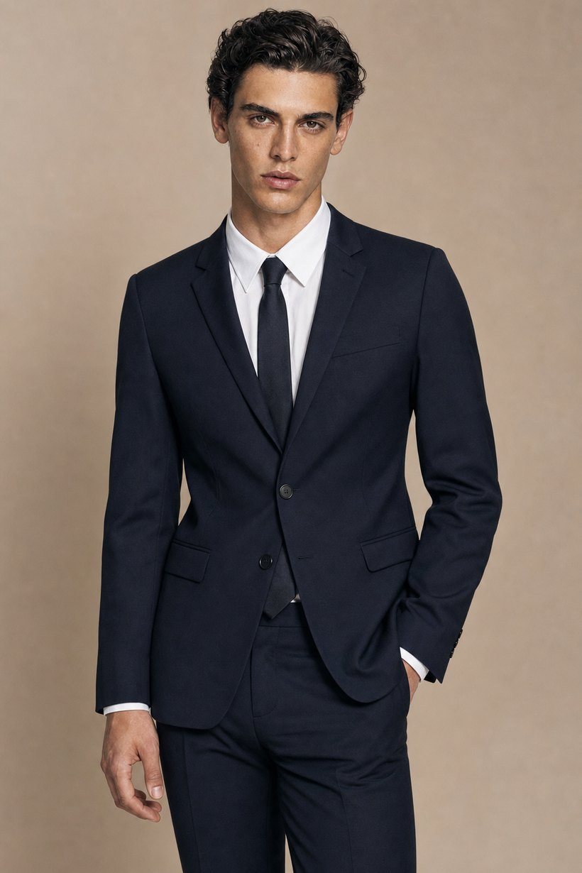 Slim Narrow-Lapel Navy Wool Suit — front styling