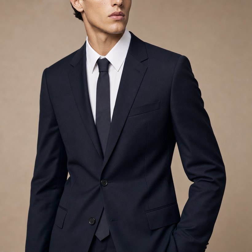 Slim Narrow-Lapel Navy Wool Suit — lapel and collar detail