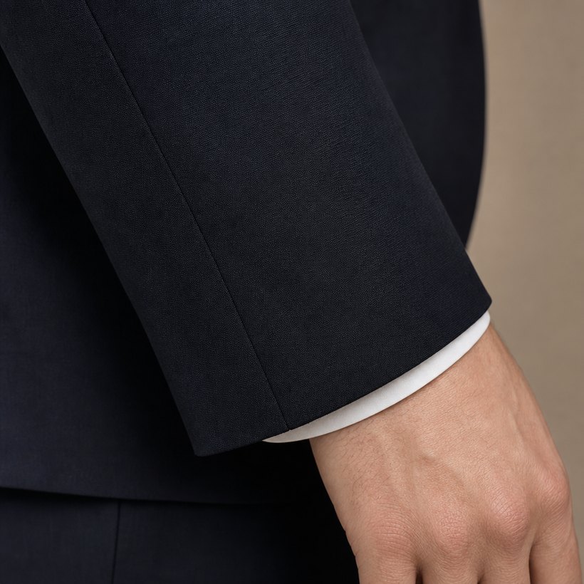 Slim Narrow-Lapel Navy Wool Suit — fabric close-up