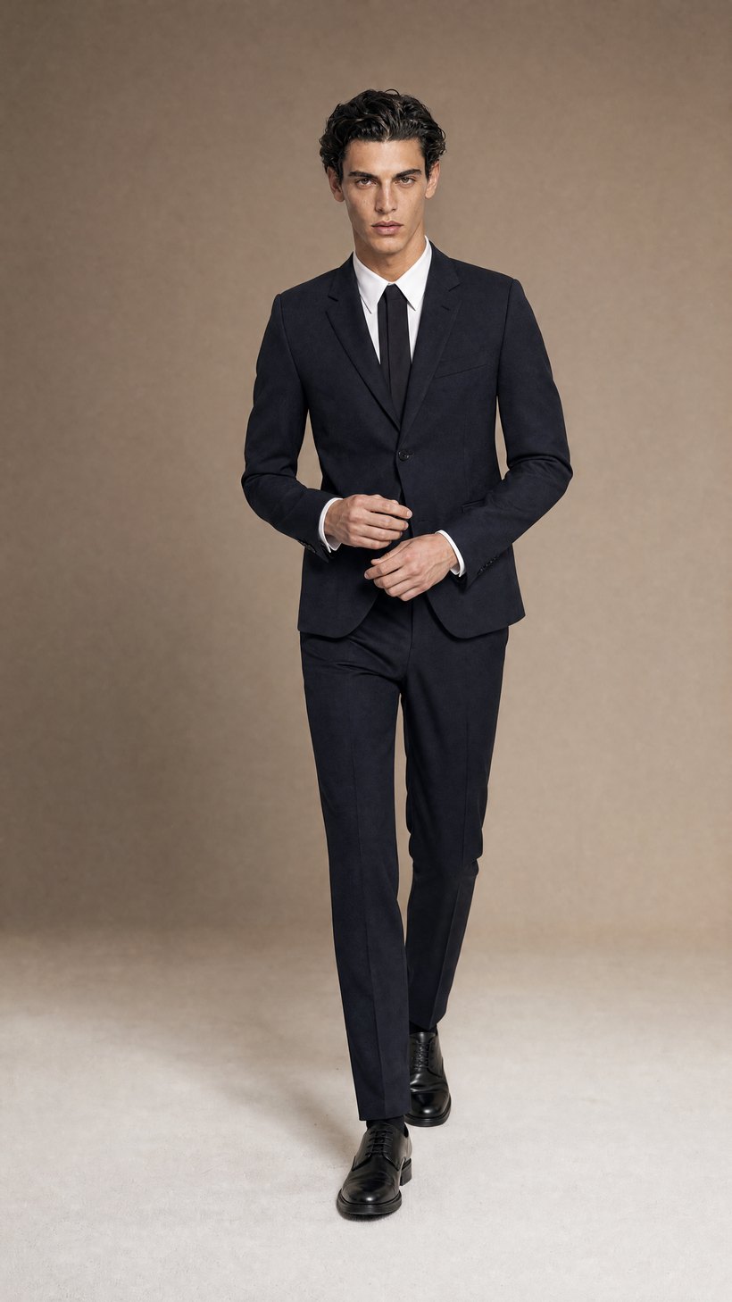 Slim Narrow-Lapel Navy Wool Suit — construction detail