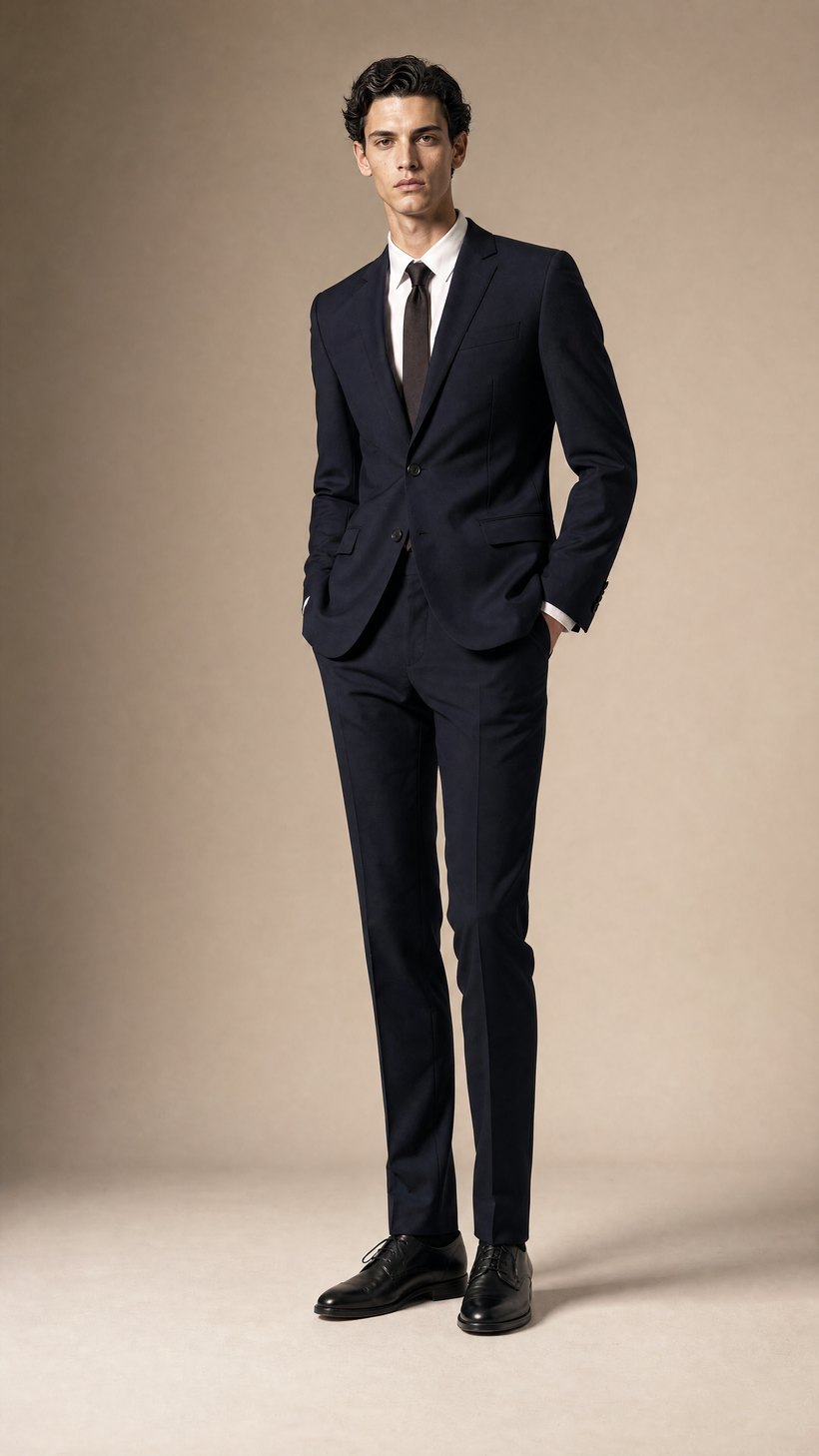 Slim Narrow-Lapel Navy Wool Suit — European Wool