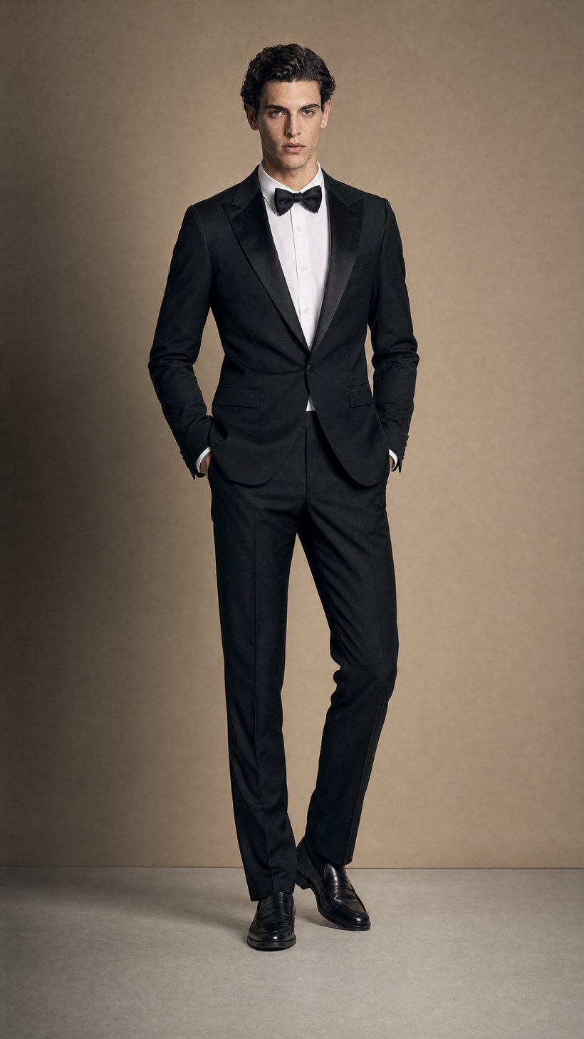 Slim Peak-Lapel Tuxedo Dinner Jacket — Wool with black satin facing