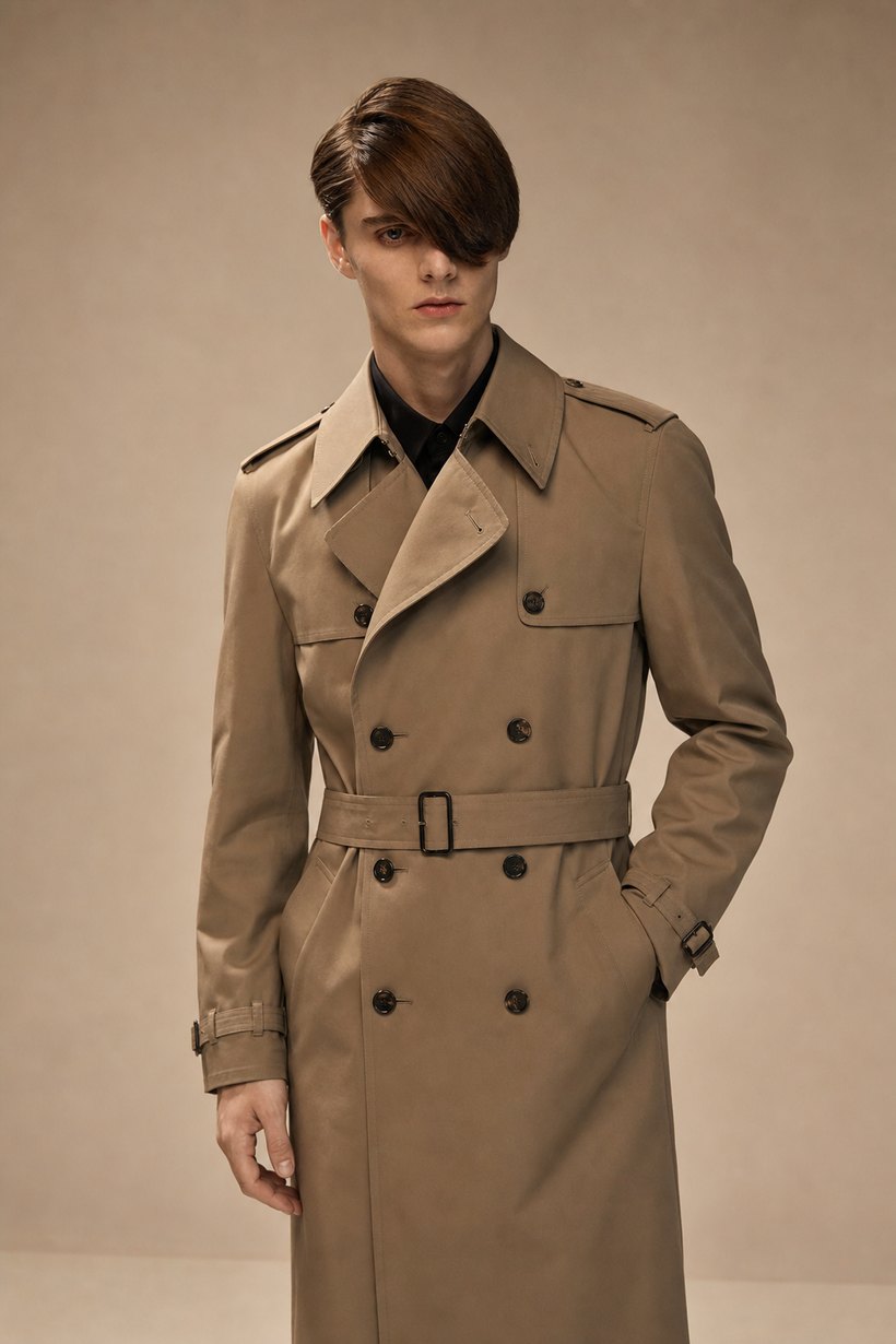 Tan Double-Breasted Trench Coat — front styling