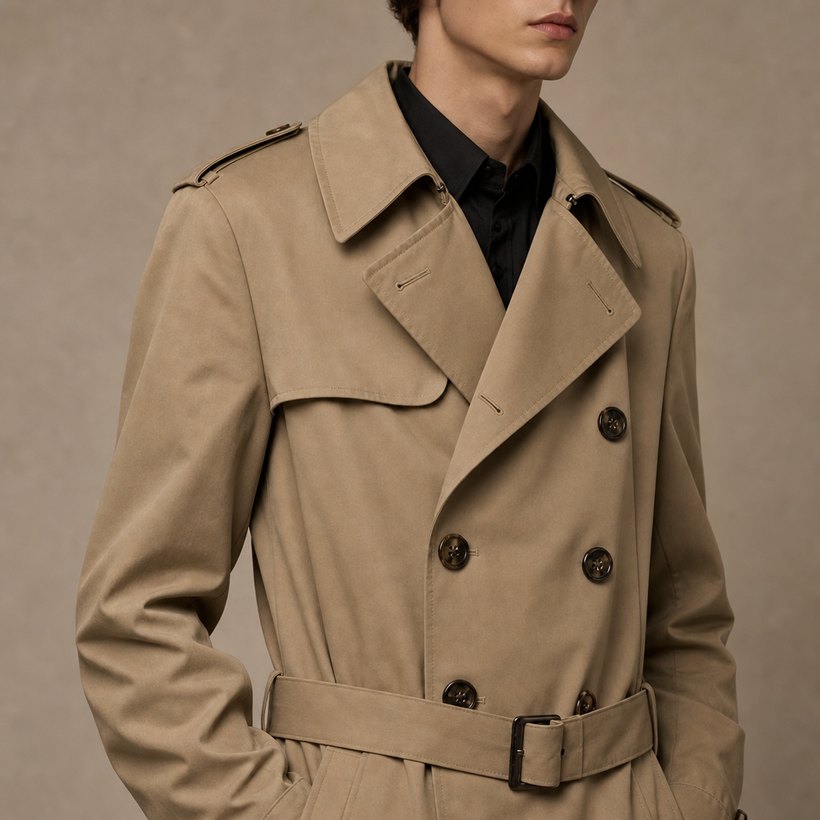 Tan Double-Breasted Trench Coat — lapel and collar detail