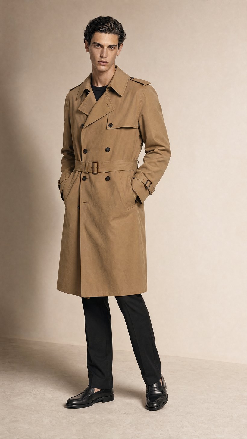 Tan Double-Breasted Trench Coat — Cotton trench-weight twill