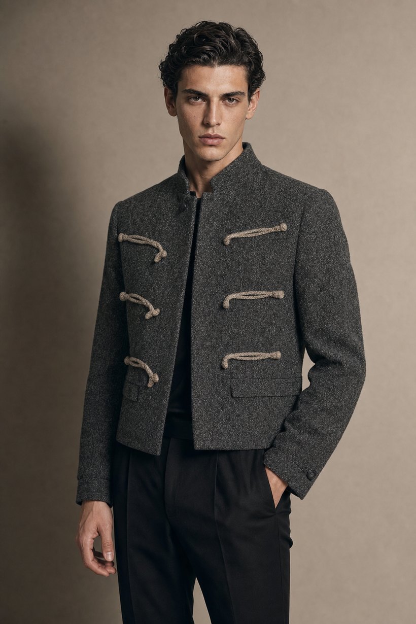 Textured Grey Tweed Mandarin-Collar Jacket — front styling