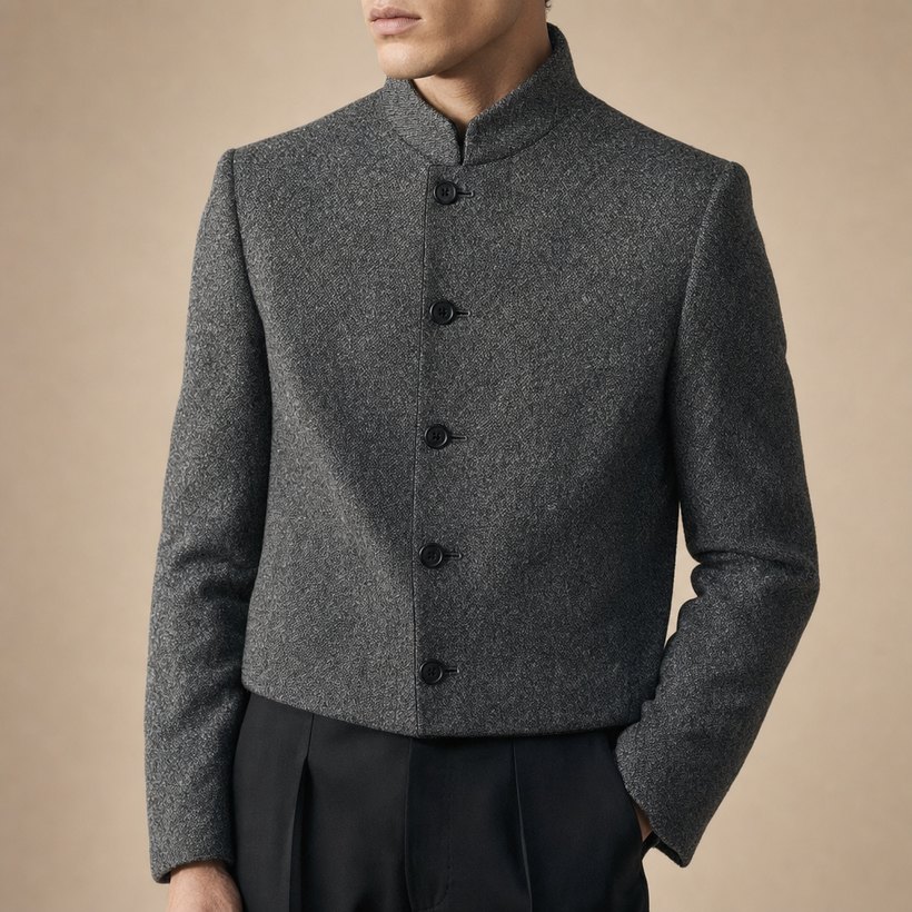 Textured Grey Tweed Mandarin-Collar Jacket — lapel and collar detail