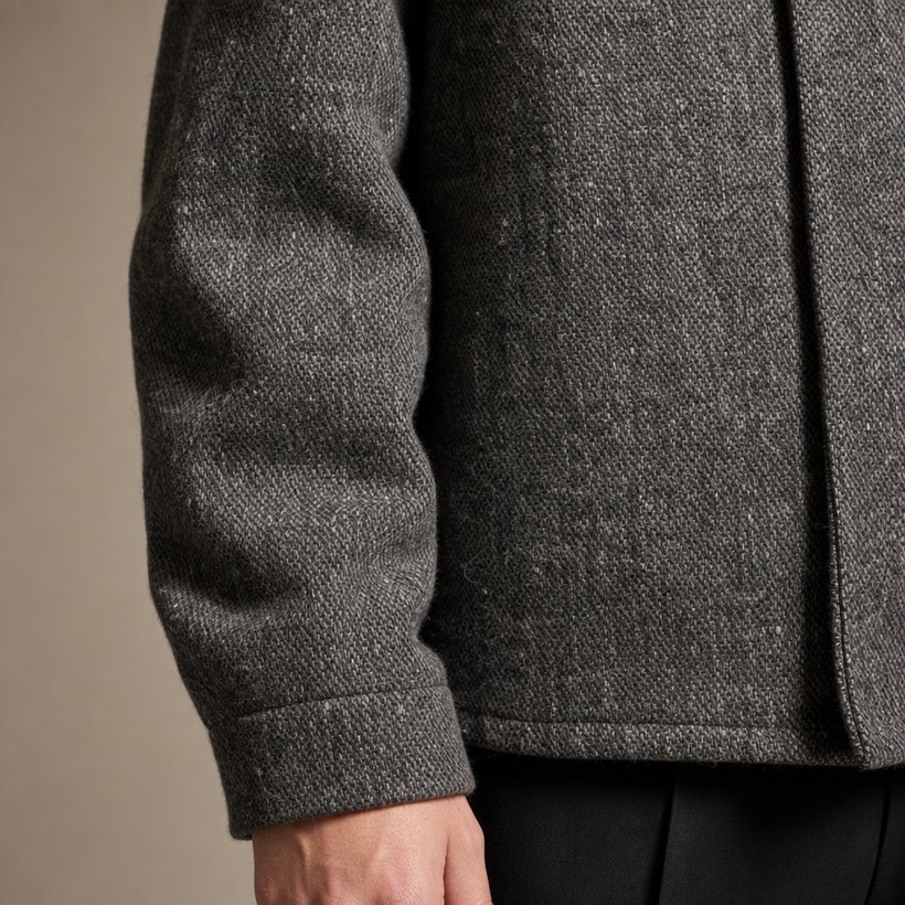 Textured Grey Tweed Mandarin-Collar Jacket — fabric close-up