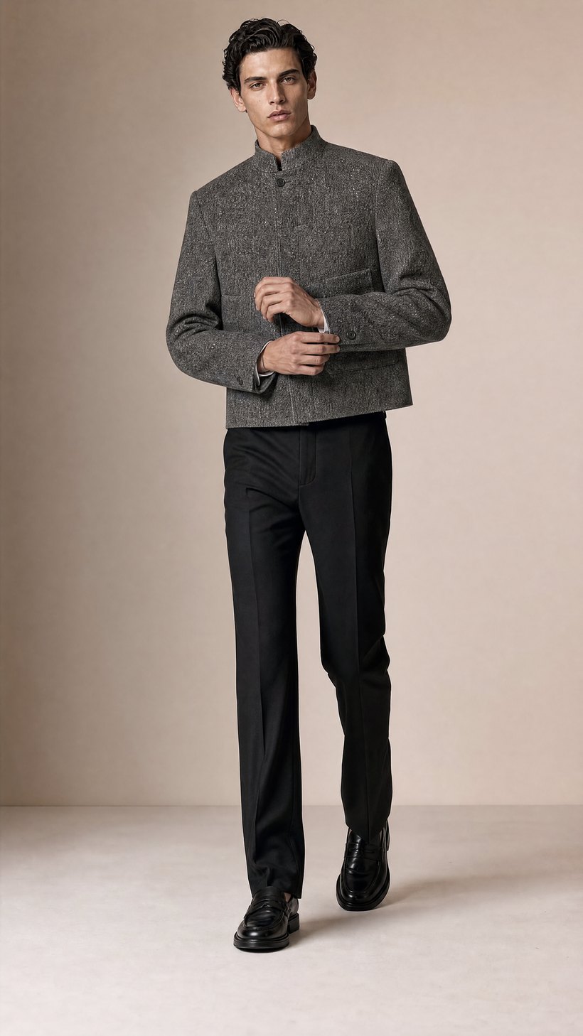 Textured Grey Tweed Mandarin-Collar Jacket — construction detail
