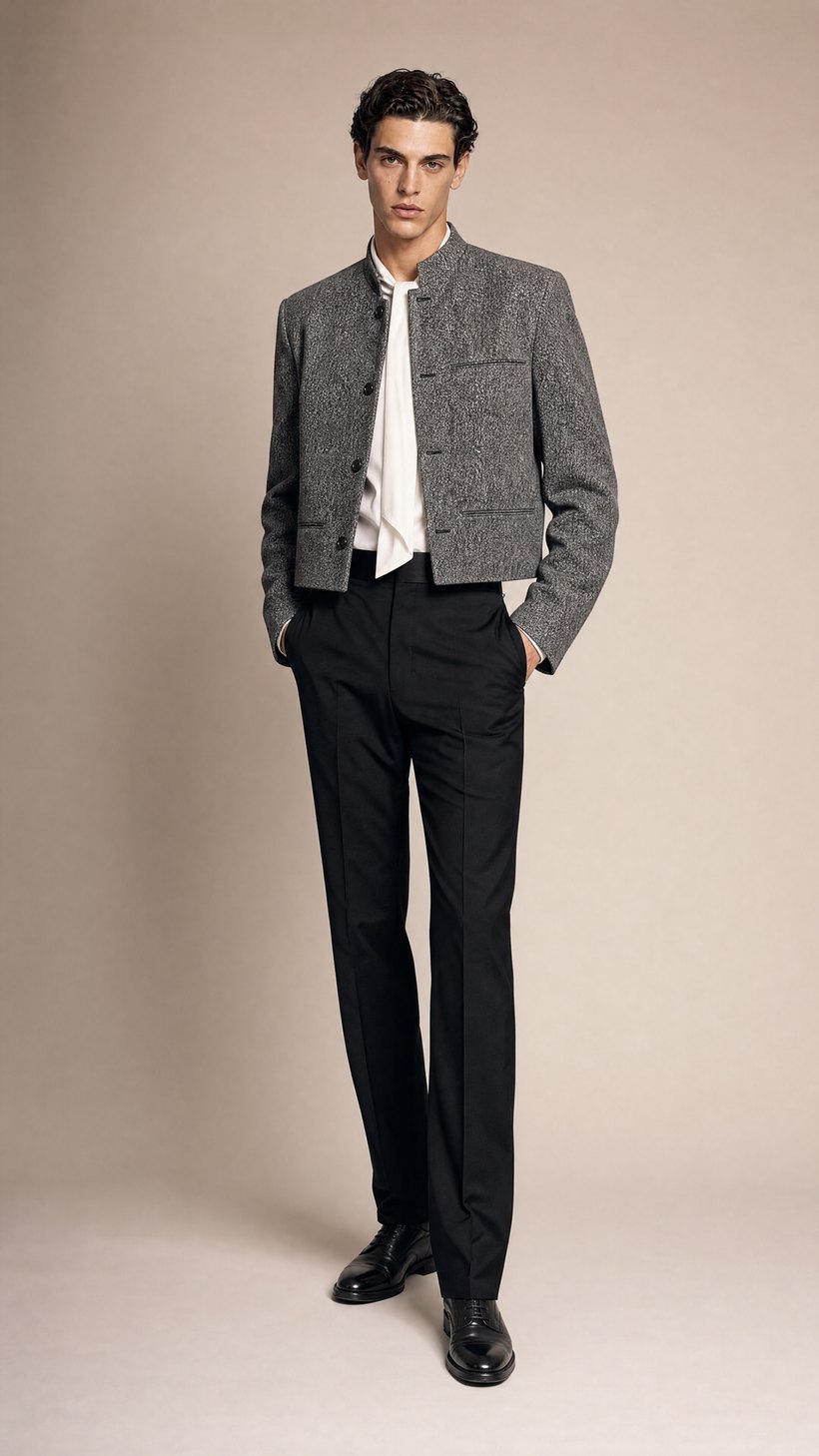 Textured Grey Tweed Mandarin-Collar Jacket — Boucle / herringbone tweed