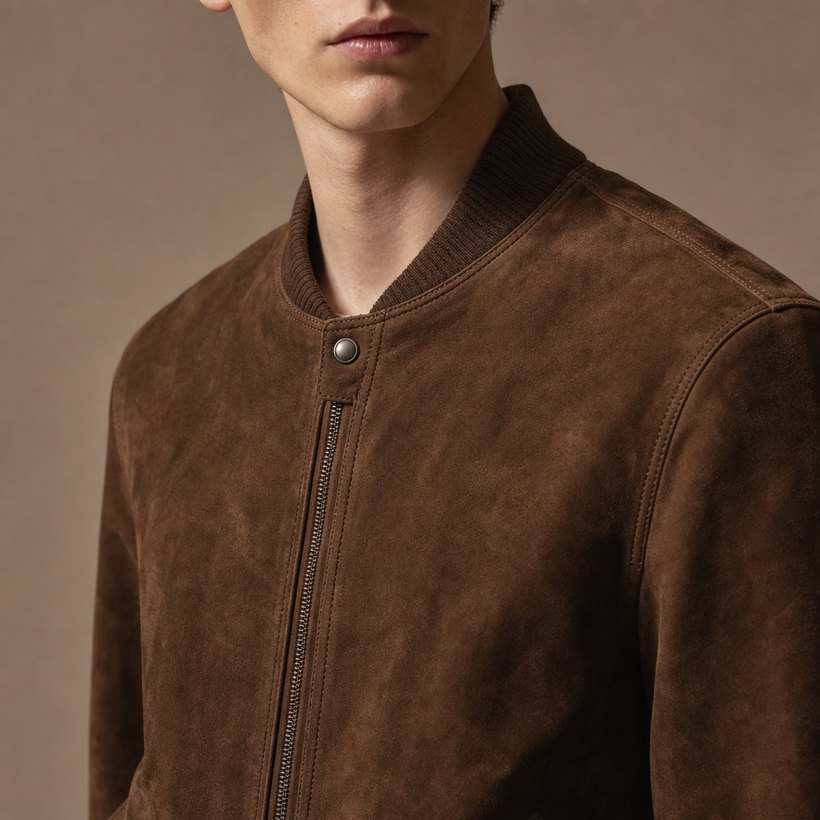 Tobacco Suede Leather Bomber — lapel and collar detail