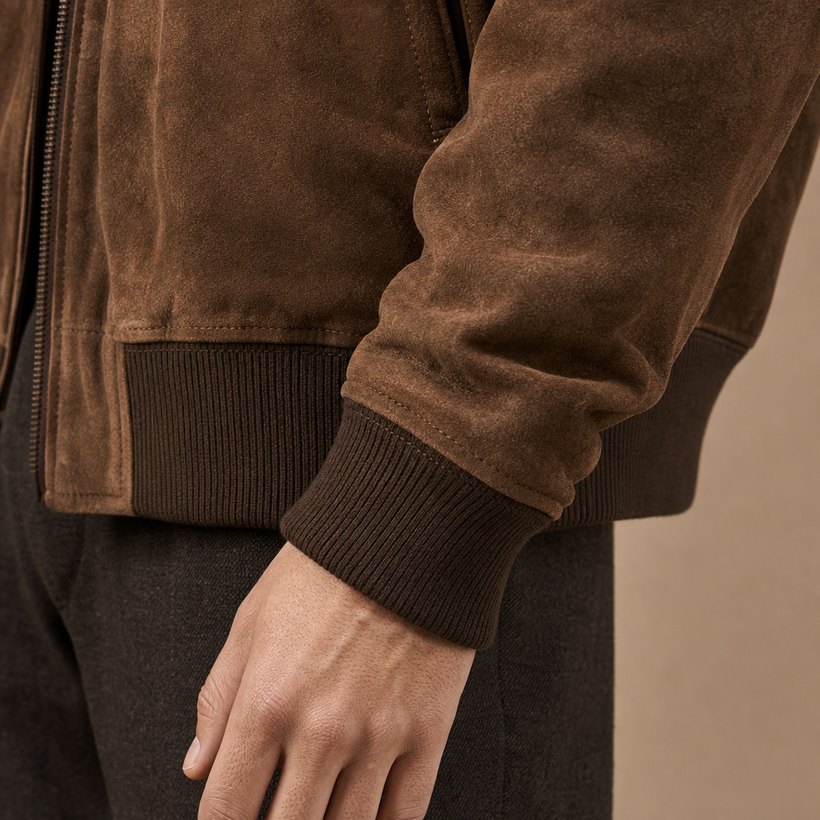 Tobacco Suede Leather Bomber — fabric close-up
