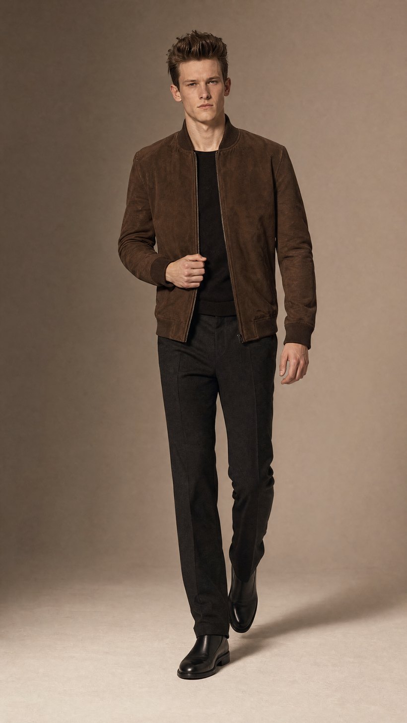 Tobacco Suede Leather Bomber — construction detail