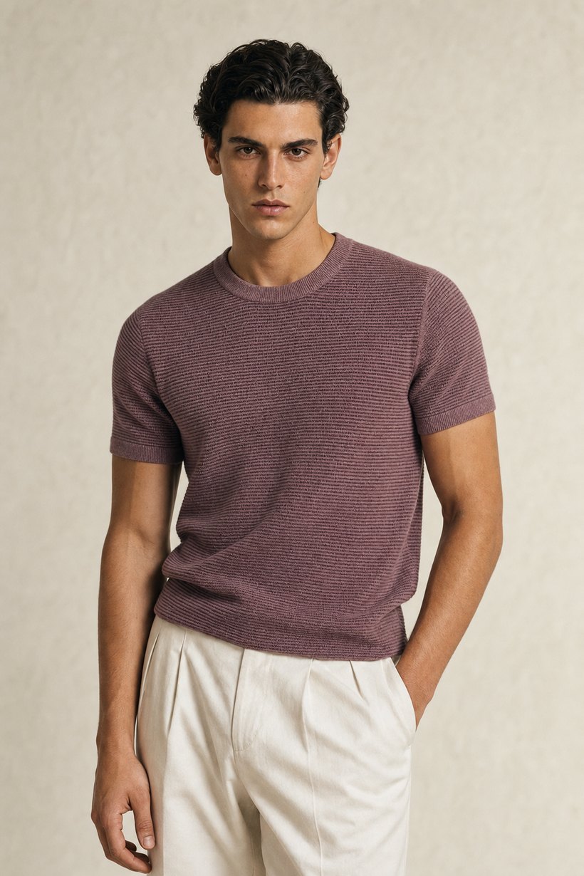 White Linen-Lyocell T-Shirt — lapel and collar detail
