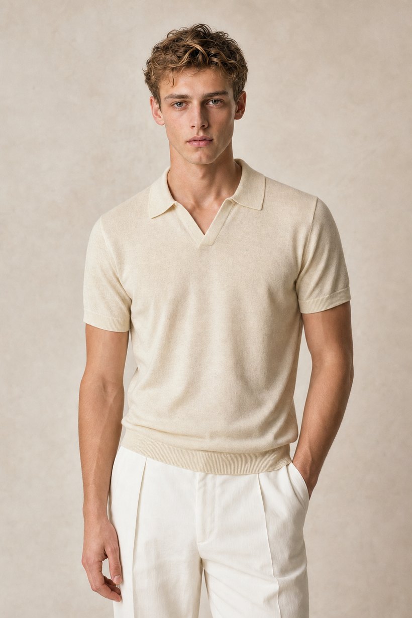 White Linen-Lyocell T-Shirt — lapel and collar detail
