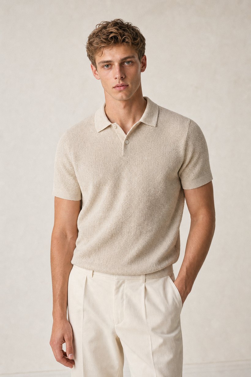 White Linen-Lyocell T-Shirt — lapel and collar detail