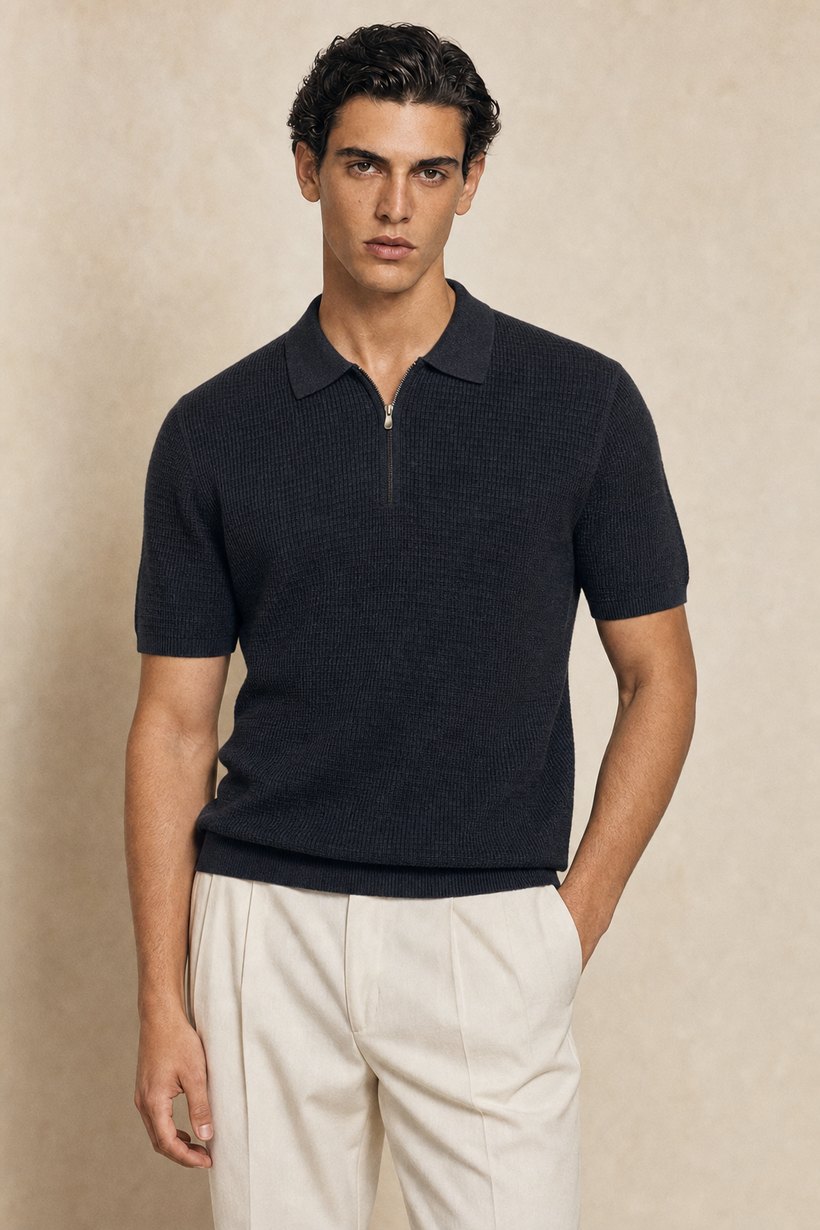 White Linen-Lyocell T-Shirt — lapel and collar detail