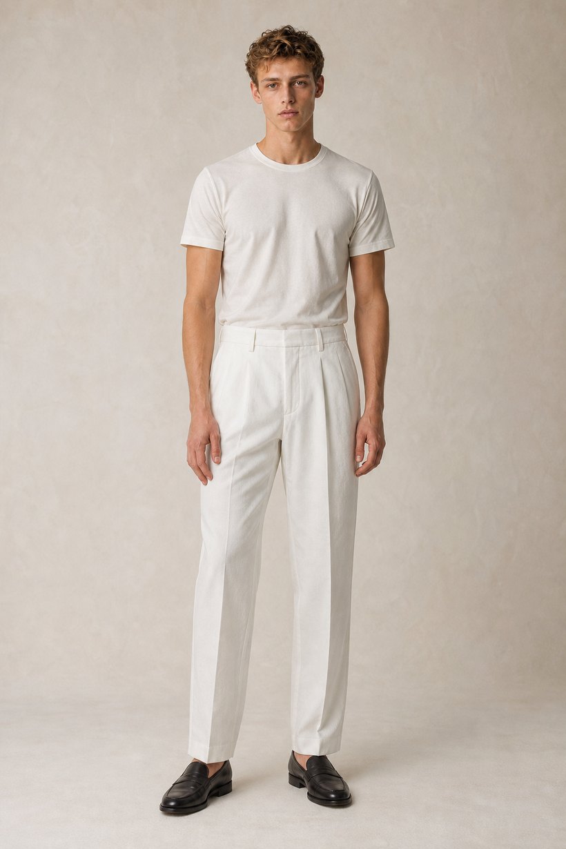 White Linen-Tencel Trousers — front styling