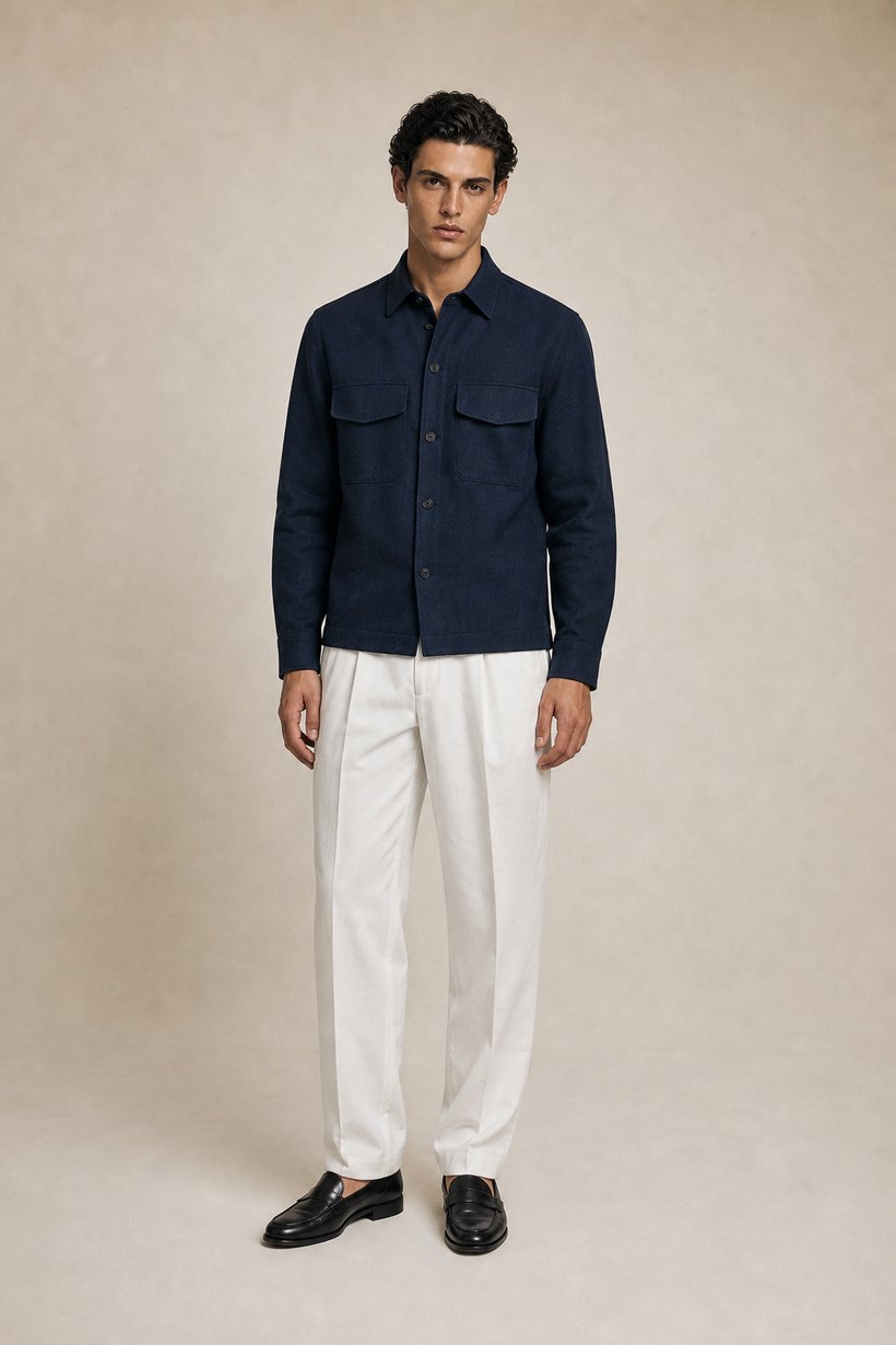 White Linen-Tencel Trousers — lapel and collar detail
