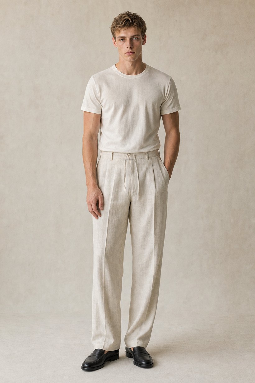 White Linen-Tencel Trousers — front styling