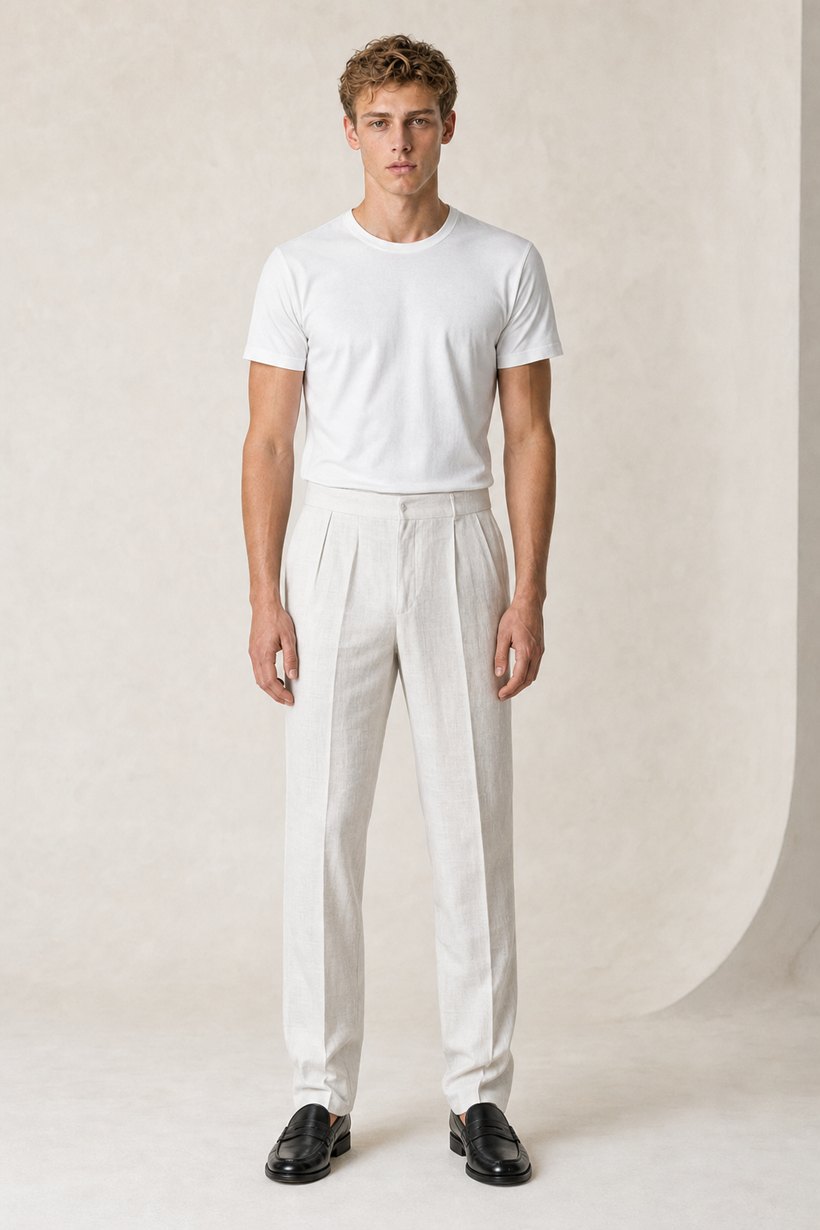 White Linen-Tencel Trousers — lapel and collar detail