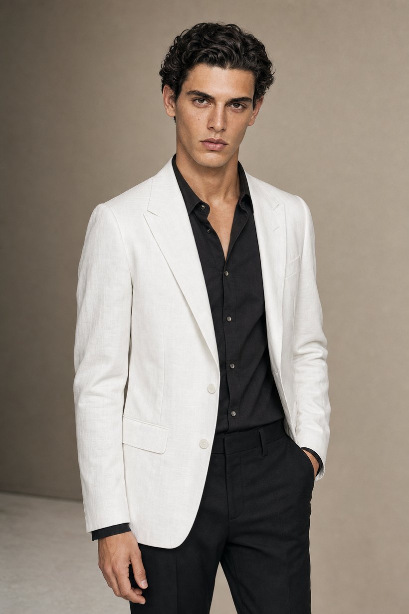 White Linen Two-Button Summer Blazer — front styling