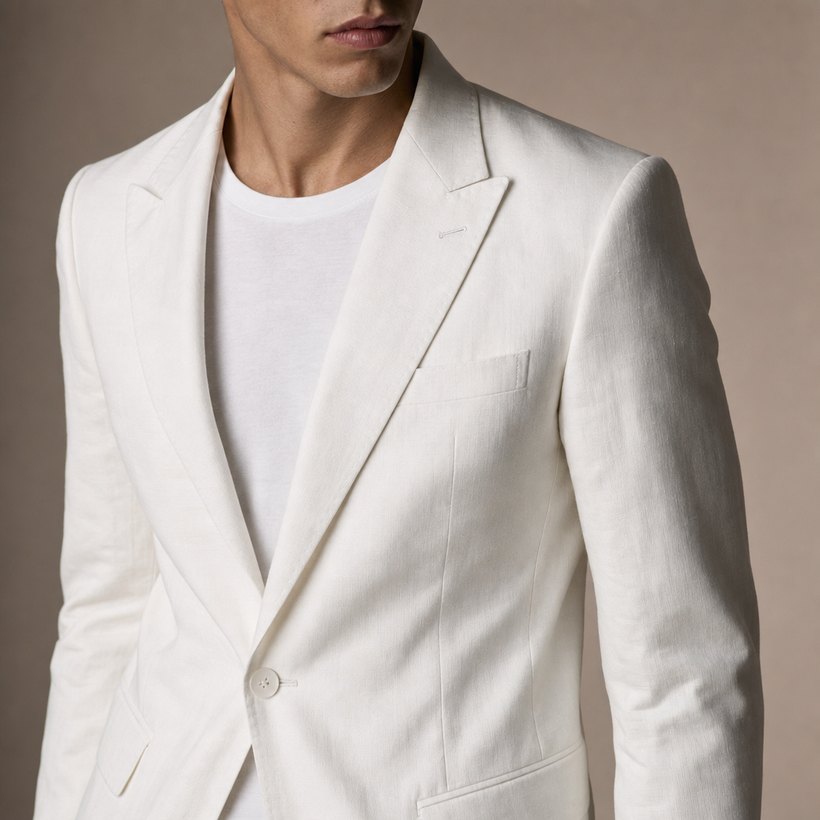 White Linen Two-Button Summer Blazer — lapel and collar detail