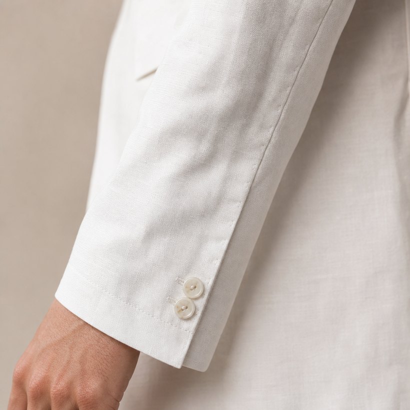 White Linen Two-Button Summer Blazer — fabric close-up