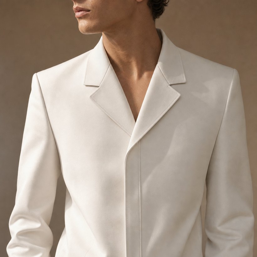 White Zip-Front Structured Blazer — lapel and collar detail
