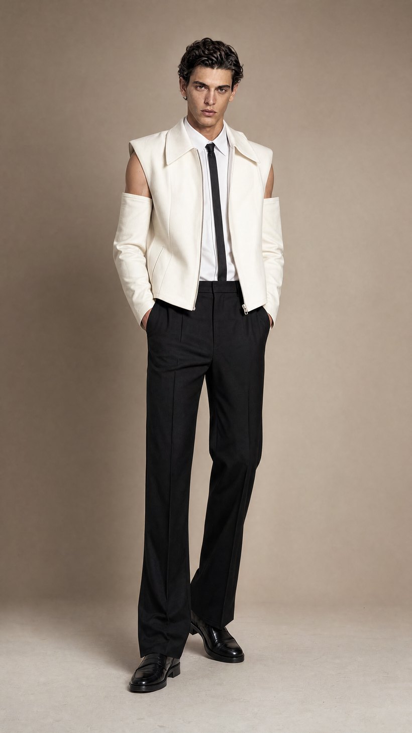 White Zip-Front Structured Blazer — Firm cotton or linen-blend cloth